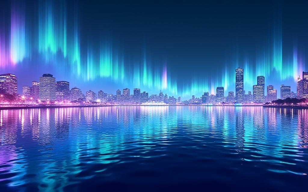 お台場の水面に投影されたオーロラのようなデジタルアート