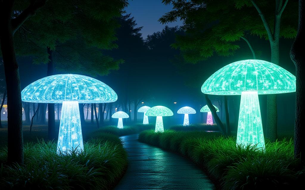 新宿中央公園に設置された光るキノコのようなインスタレーション